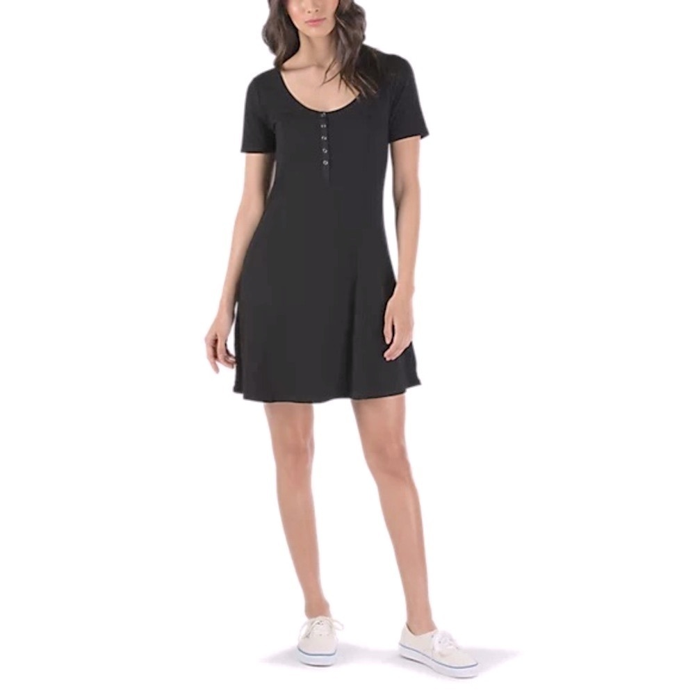 🍀2/$22 Vans Black Ribbed Henley Snap Neck Skater Mini Dress Womens size XS